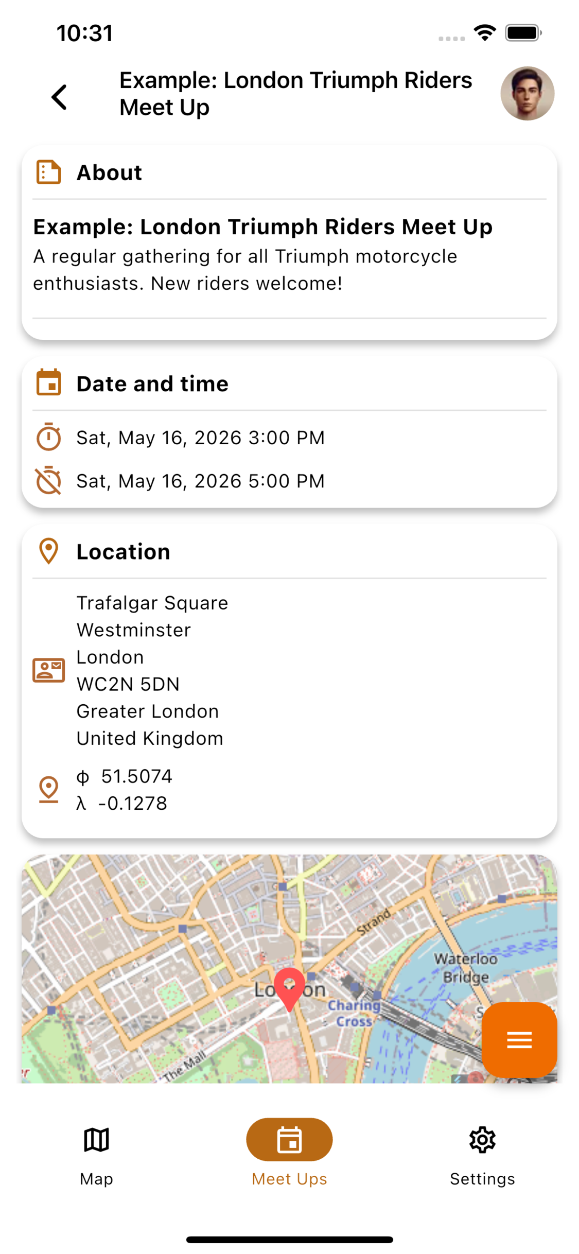 Moto Club Hub app screenshot showing the mobile interface