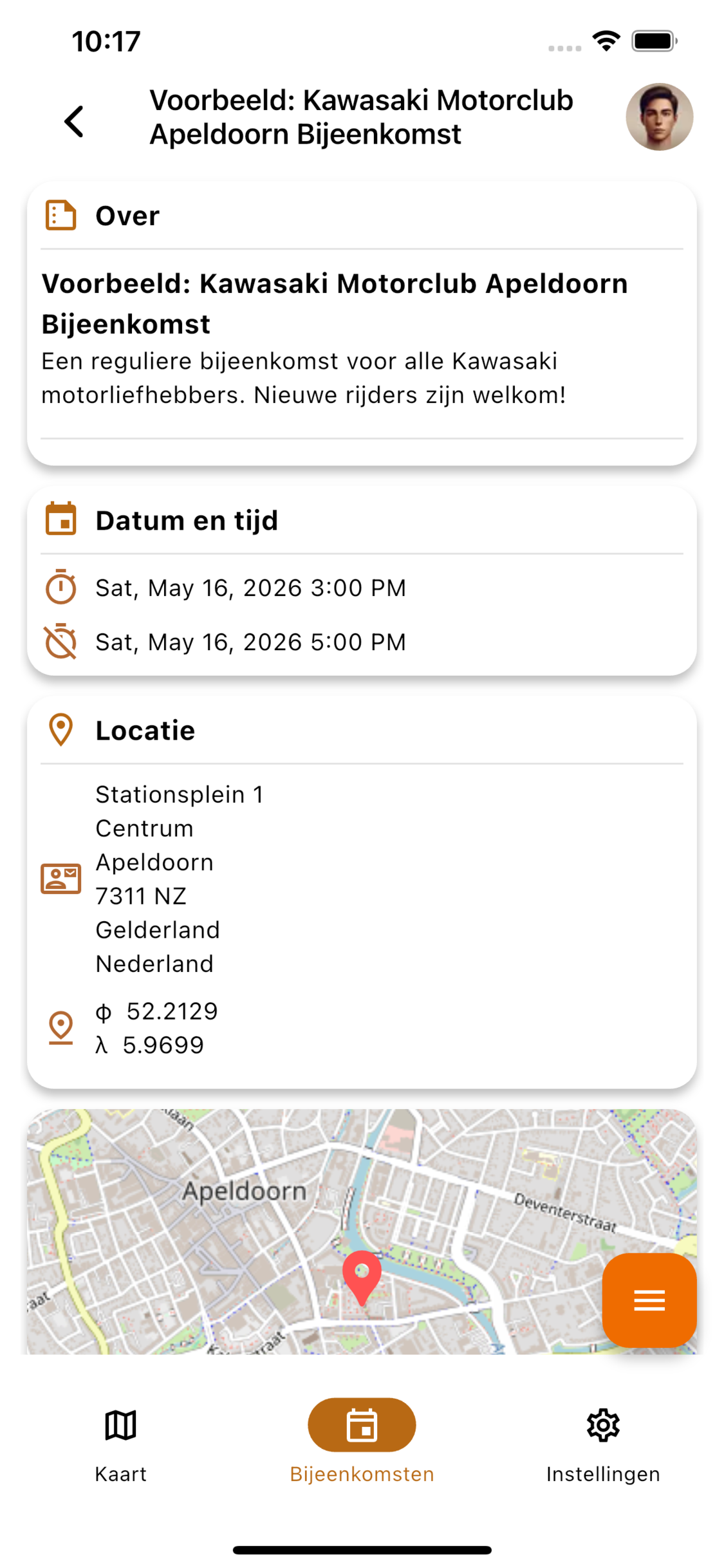 Moto Club Hub app screenshot showing the mobile interface